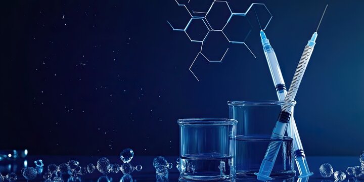 A blue background with chemical structures and white syringes, vials of various sizes 