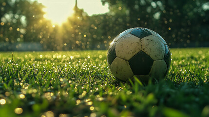 Fototapeta premium A soccer ball lying on the grass.