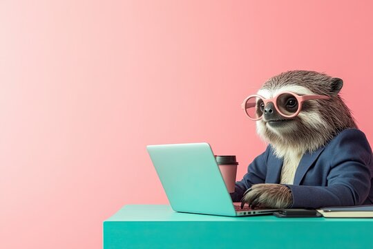 sloth working at laptop, work desk. on a plain bright colored background. in a business suit. place for text.