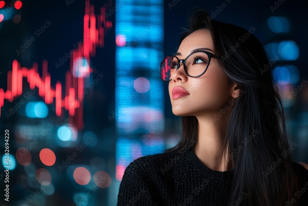 Poster wondering and curious, a young asian woman studies a holographic digital display in a future-oriente