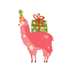 Animal llama in party  carries gift for birthday