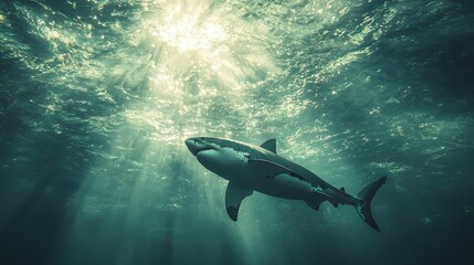 Fototapeta premium Shark swimming gracefully in deep blue ocean waters with sunlight filtering through the surface