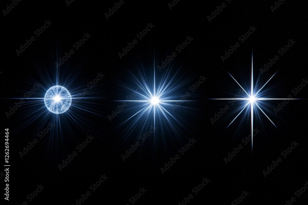 Poster four unique digital lens flares displayed on a black background within a horizontal frame. stock