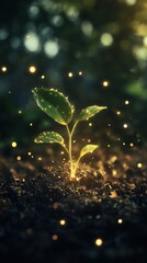 New life emerges from the soil as radiant sparks dance around a young plant in a serene woodland setting