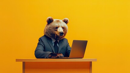 the bear is working at a laptop, work desk. on a plain bright colored background. in a business suit. place for text.