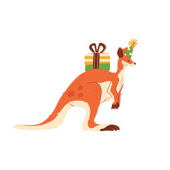 Animal kangaroo  carries gift for birthday