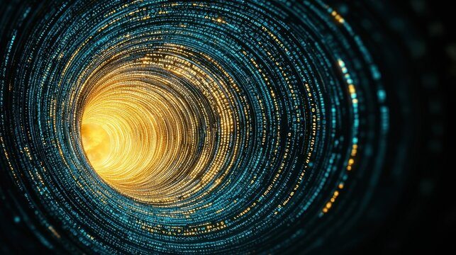 Abstract tunnel of glowing digital data and binary code in a swirling pattern of light