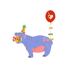 Animal hippopotamus  carries gift for birthday