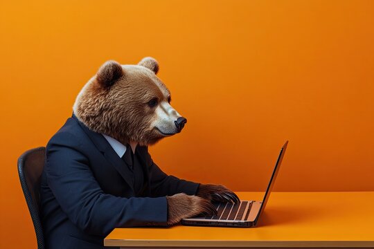 the bear is working at a laptop, work desk. on a plain bright colored background. in a business suit. place for text.