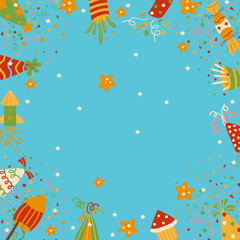 Naklejka premium Blue background birthday hats, party poppers,