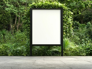 In a lush environment, a large horizontal blank advertising poster billboard mockup is framed by trees and plants. It includes a straight digital light box display screen for OOH media, located