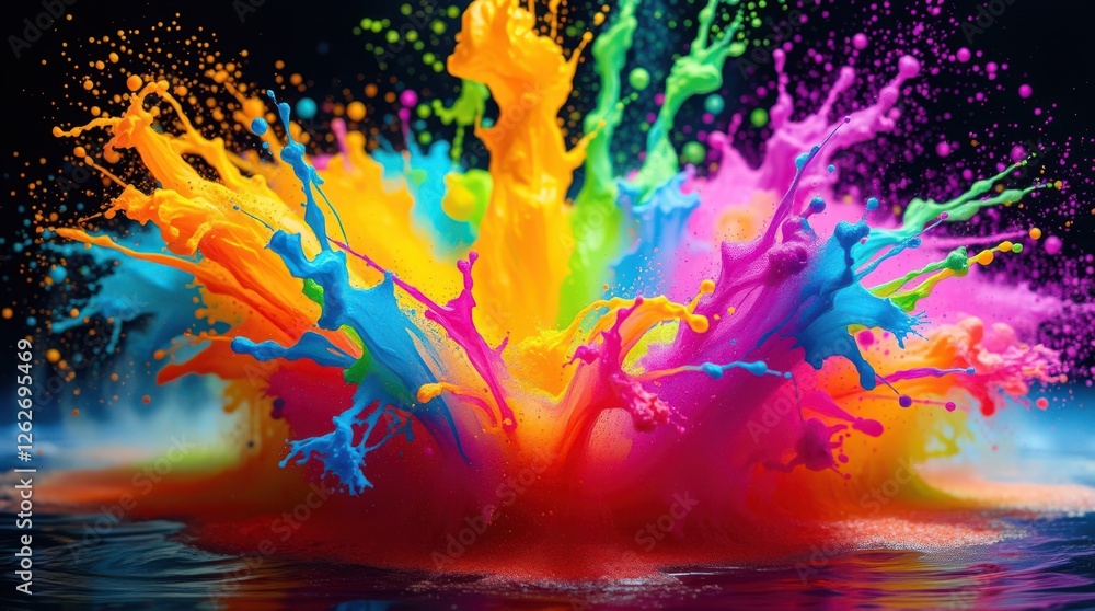 Poster vibrant explosion of colorful paints colliding and splashing in a mesmerizing display against a dark