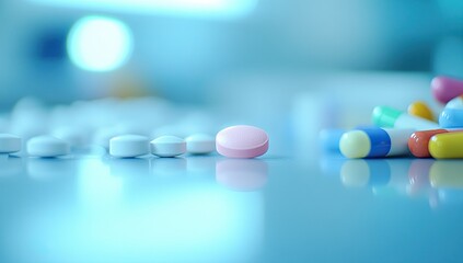 A blurred background of various pills and tablets on a table in a laboratory