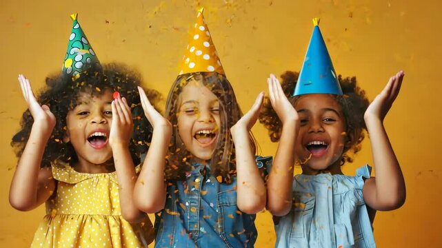 Joyful children celebrating a birthday party with colorful confetti, wearing festive party hats, smiling and expressing excitement against a cheerful yellow background