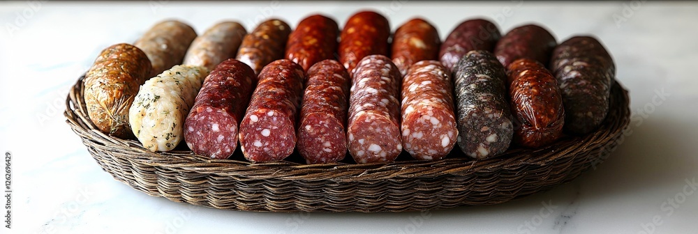 Poster this image showcases an array of artisan sausages displayed beautifully on a wicker platter, highlig
