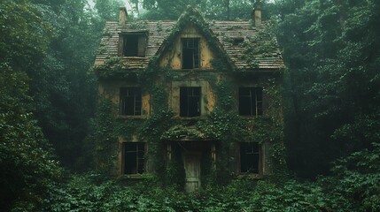 Overgrown Abandoned House Surrounded by Dense Forest and Mist