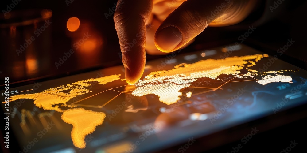Poster a hand interacts with a digital world map illuminated in orange tones, showcasing global connections