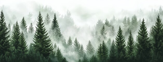 A modern watercolor painting of forest trees with a panoramic scene of pine trees.