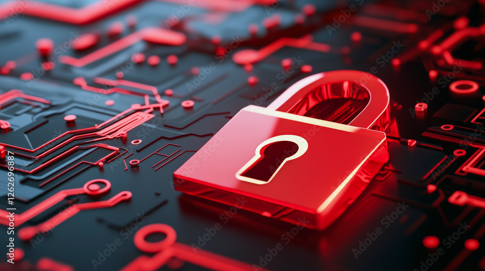 Aufkleber red lock symbolizing cybersecurity on a digital circuit board background, highlighting advanced data