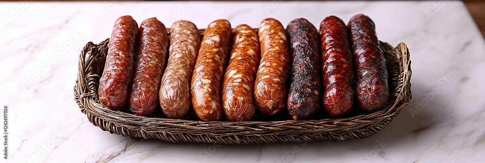 Poster this image features a decorative platter filled with an assortment of artisan sausages, showcasing t