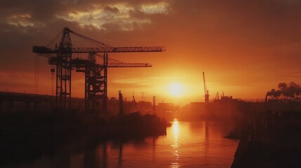 Obraz premium Industrial construction crane silhouette stretching across an orange-lit skyline
