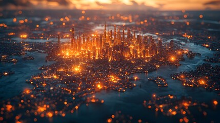 Fototapeta premium Glowing Cityscape of a Global Business Metropolis Interwoven Like a Vibrant Puzzle of Prosperity