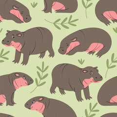 Seamless pattern with adorable hippo babies, hippopotamus cubs. Hand drawn vector illustration