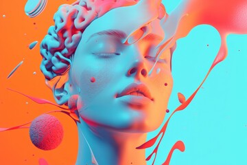 A lively 3D collage showcasing a person with an imaginative mind interacting with AI technology.