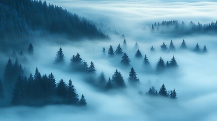 Misty Forest Landscape with Pine Trees and Fog in Blue Hues