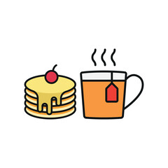 Tea and pancake set icon represents a cozy and classic breakfast pairing, perfect for café branding, bakery menus, brunch promotions, and warm beverage visuals.