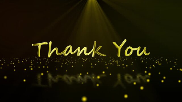 Animated thank you handwriting text gold with light rays particle background