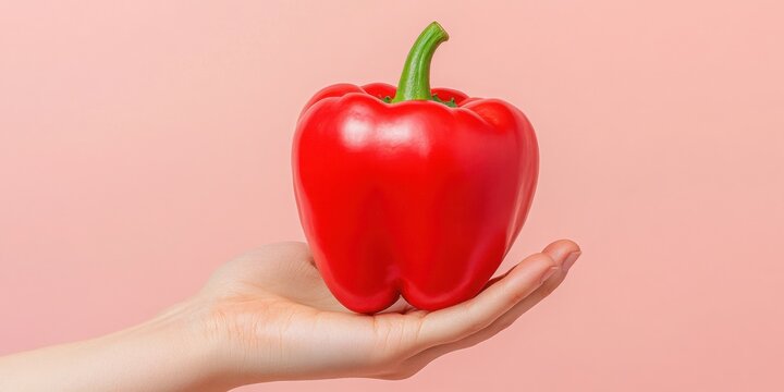 fresh vegetable concept. Red bell pepper held in a hand against a pink background.