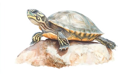 Obraz premium Turtle basking on rock, nature illustration, wildlife, educational