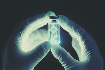 Gloved Hands Holding a Vial of Glowing Substance - Scientific Discovery Concept