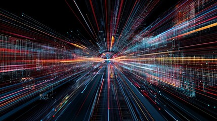 Fototapeta premium Motion-driven colorful light trails on a black backdrop. Generated using AI