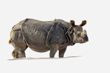 Obraz premium Panzernashorn (Rhinoceros unicornis) freigestellt, vor weißem Hintergrund 