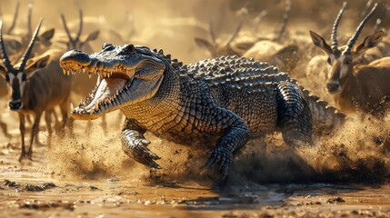 Crocodile running through water with other animals in natural habitat during daytime