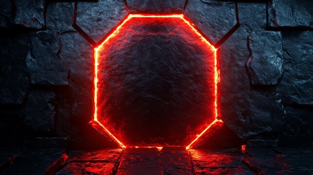 Octagonal portal glowing red inside a dark stone chamber - Powered by Adobe