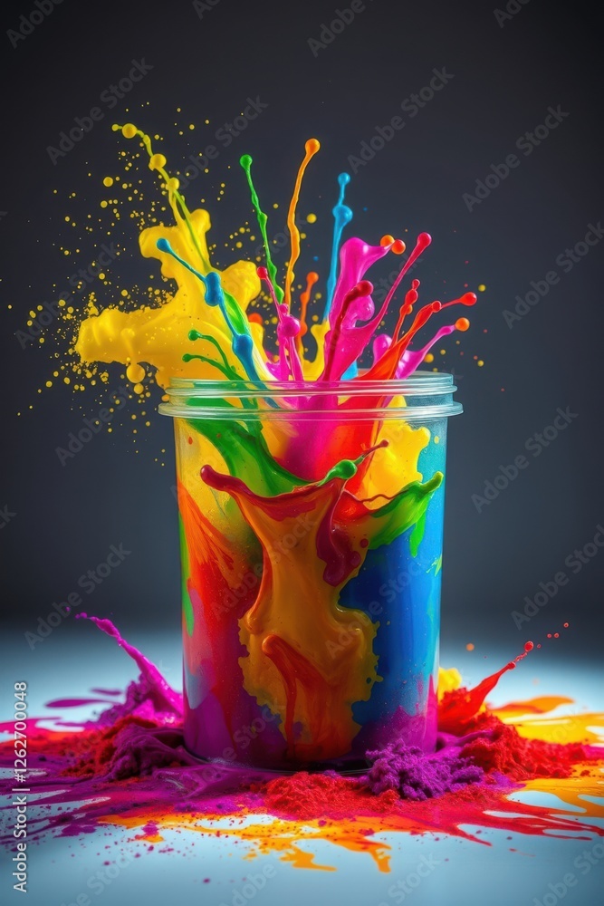 Poster colorful paint explosion from a clear container, a vibrant and dynamic display of colors in motion.
