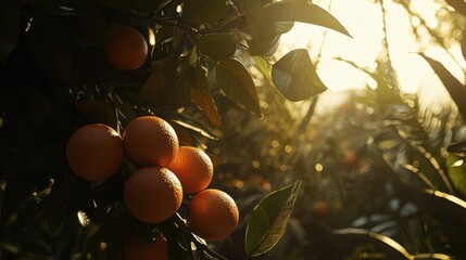 Oranges ripening on a tree in a sunlit orchard during the golden hour of late afternoon