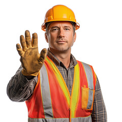 A smiling construction worker saying stop in a yellow hardhat isolated on transparent background PNG