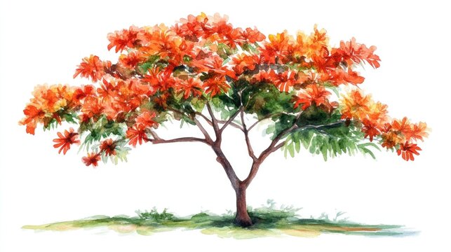 Vibrant flame tree blossoms, nature scene, garden, watercolor illustration, website design