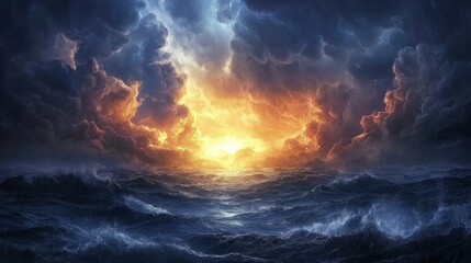 Fototapeta premium Large storm in the ocean with bright orange sun shining through the clouds at sunset