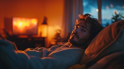 A man lying on the sofa in a dark, moody setting with a touch of sadness and introspection