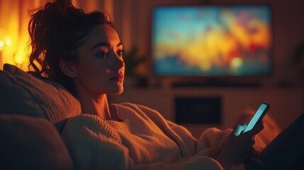 Woman sitting on sofa playing phone in dark room with TV on.