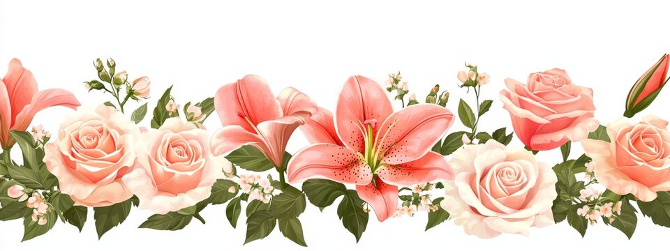 An expansive view of a floral arrangement including carnations, lilies, and spring flowers, bordered horizontally for Mother's Day or wedding invitations, with a delicate, realistic watercolor look