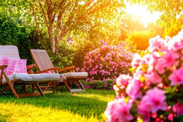 A tranquil garden setting featuring cozy lounge chairs and a bench, designed by generative AI