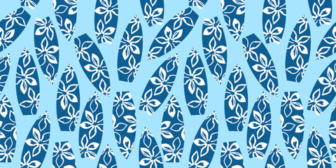 Seamless pattern with surfboards and flowers. Hand drawn minimal ocean background. Surface cover design. Fabric textile print.