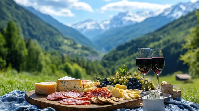 Savoring Nature's Bounty A Lavish Cheese and Charcuterie Board Mountainside Gourmet Food Experience Scenic View Outdoor Feast