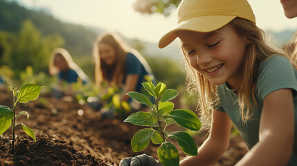 Children gardening outdoors, planting seedlings under the sun, promoting eco-friendly activities, nature appreciation, sustainable living, happy kids.